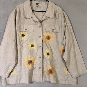 Kelly Scott Womens Linen blend Shirt Jacket Embroidered Sunflowers Plus Sz 3X